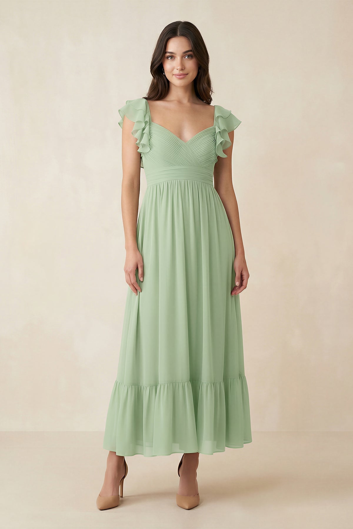 Flutter Sleeve Sweetheart A-Line Chiffon Mother of the Bride Dress in Sage - Curvevia