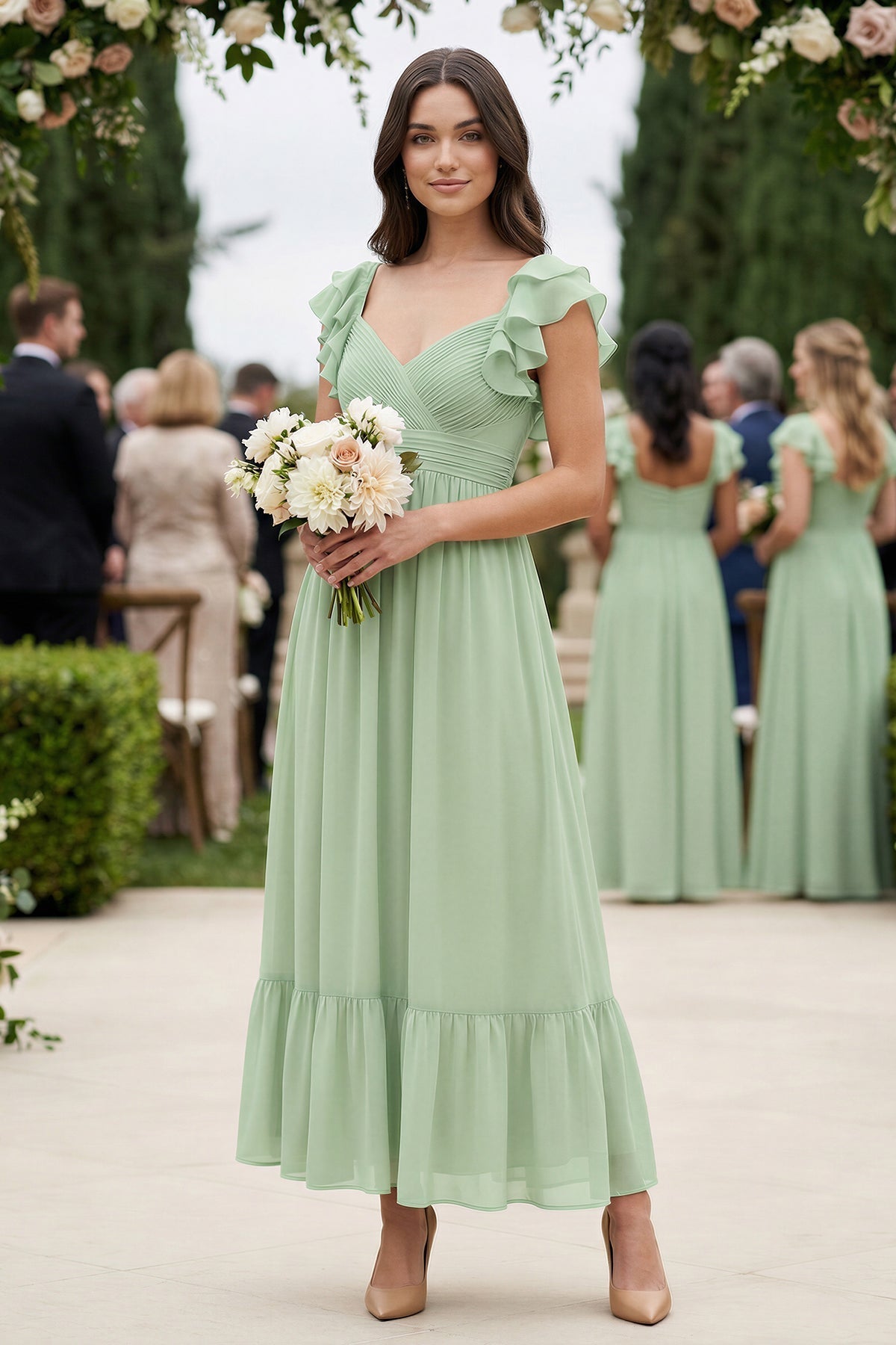 Flutter Sleeve Sweetheart A-Line Chiffon Mother of the Bride Dress in Sage - Curvevia