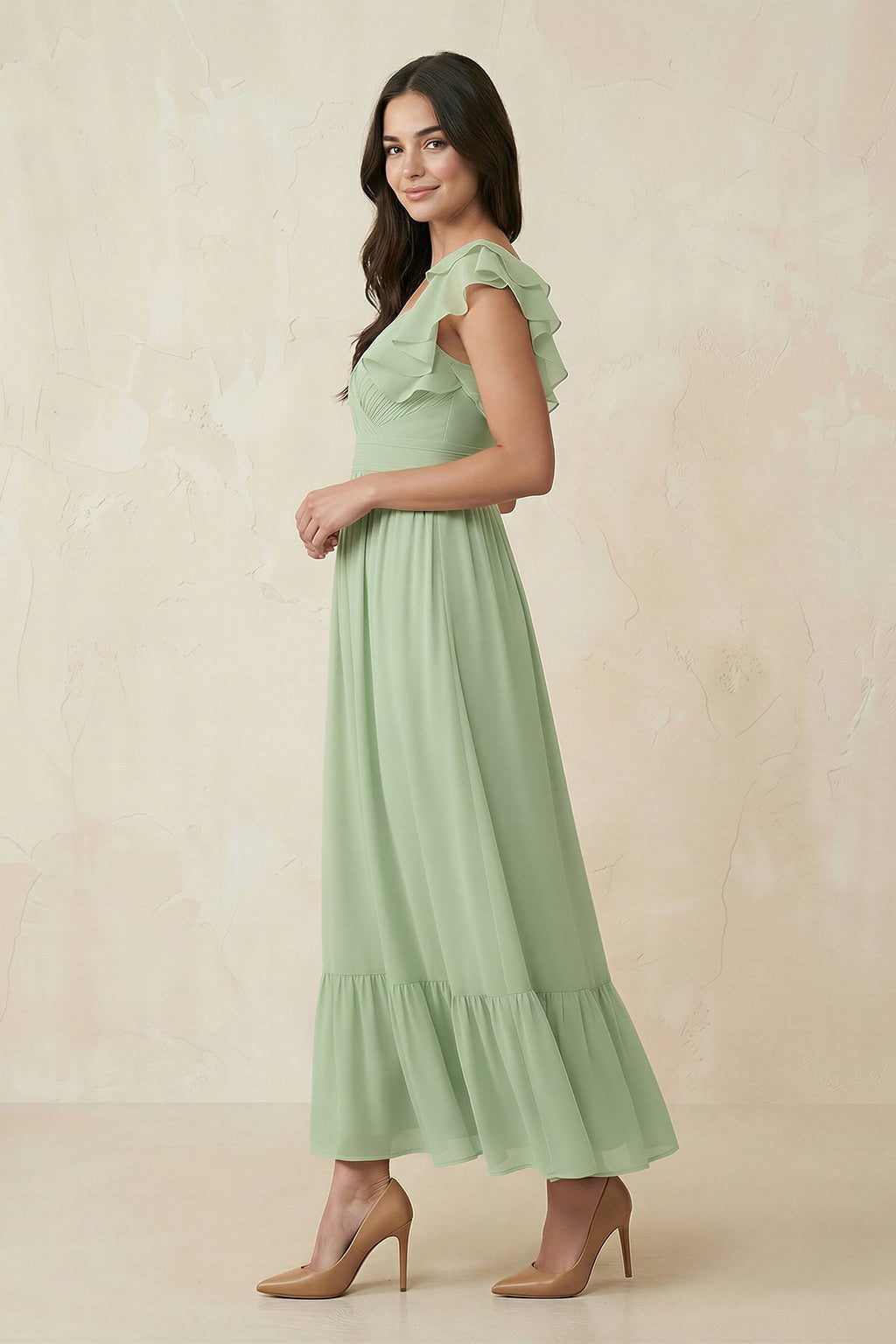 Flutter Sleeve Sweetheart A-Line Chiffon Mother of the Bride Dress in Sage - Curvevia