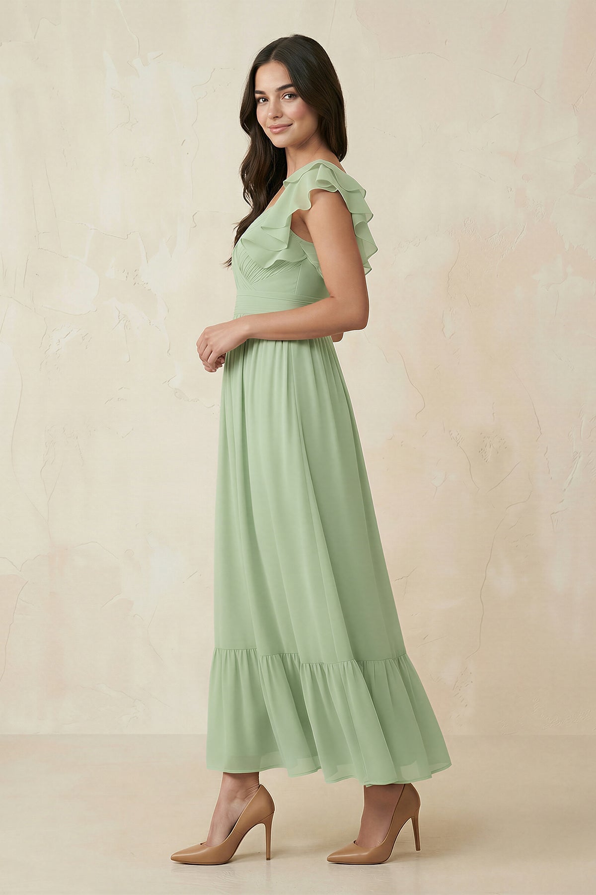 Flutter Sleeve Sweetheart A-Line Chiffon Mother of the Bride Dress in Sage - Curvevia
