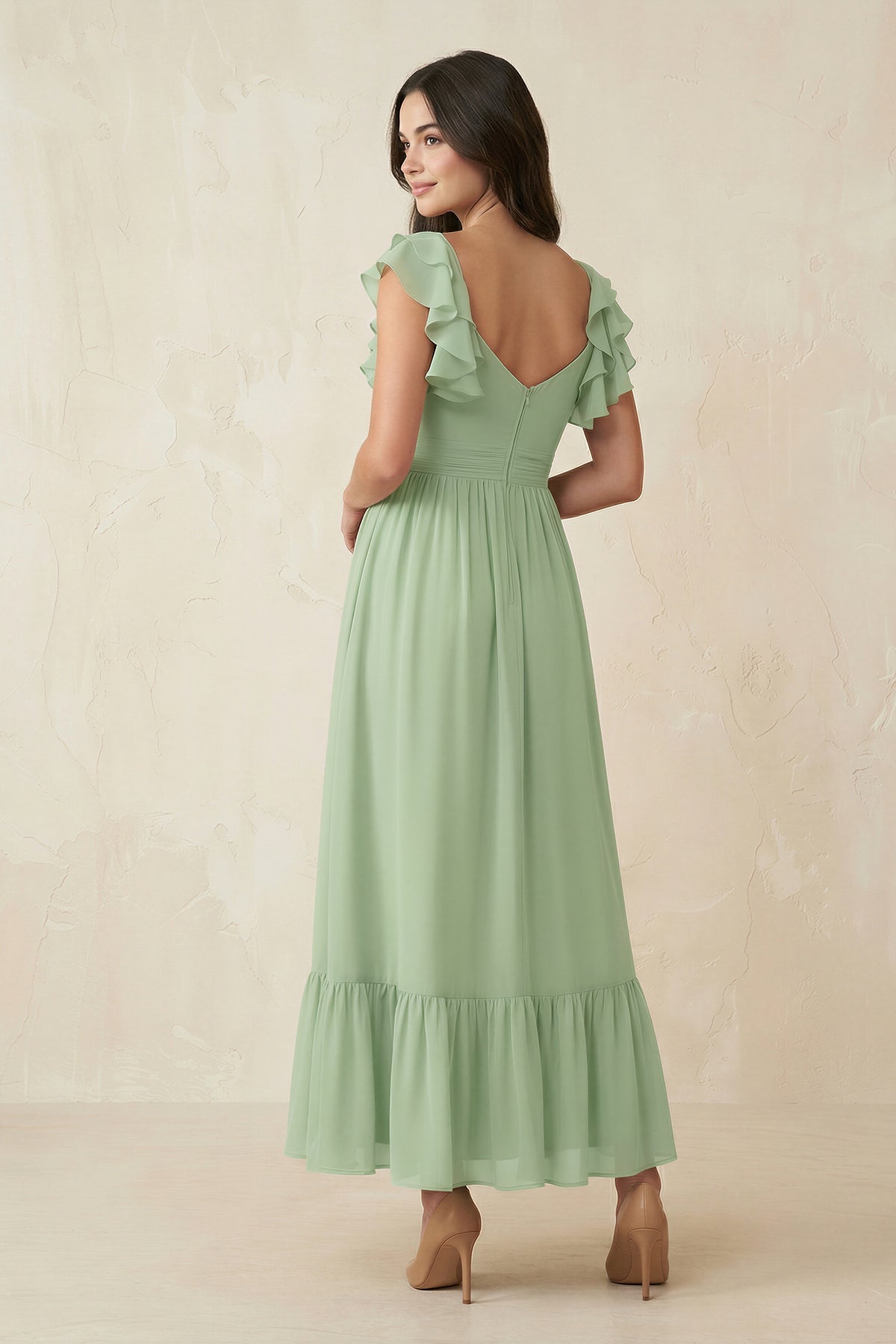 Flutter Sleeve Sweetheart A-Line Chiffon Mother of the Bride Dress in Sage - Curvevia