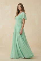 Flutter Sleeve V-Neck Chiffon A-Line Bridesmaid Dress in Pale Pistachio - Curvevia