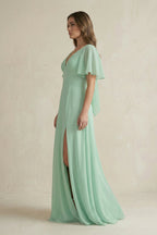 Flutter Sleeve V-Neck A-Line Chiffon Bridesmaid Dress in Pale Pistachio - Curvevia