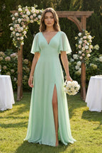 Flutter Sleeve V-Neck A-Line Chiffon Bridesmaid Dress in Pale Pistachio - Curvevia
