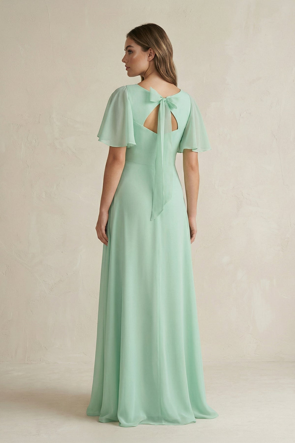 Flutter Sleeve V-Neck A-Line Chiffon Bridesmaid Dress in Pale Pistachio - Curvevia