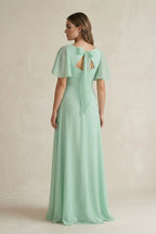 Flutter Sleeve V-Neck A-Line Chiffon Bridesmaid Dress in Pale Pistachio - Curvevia