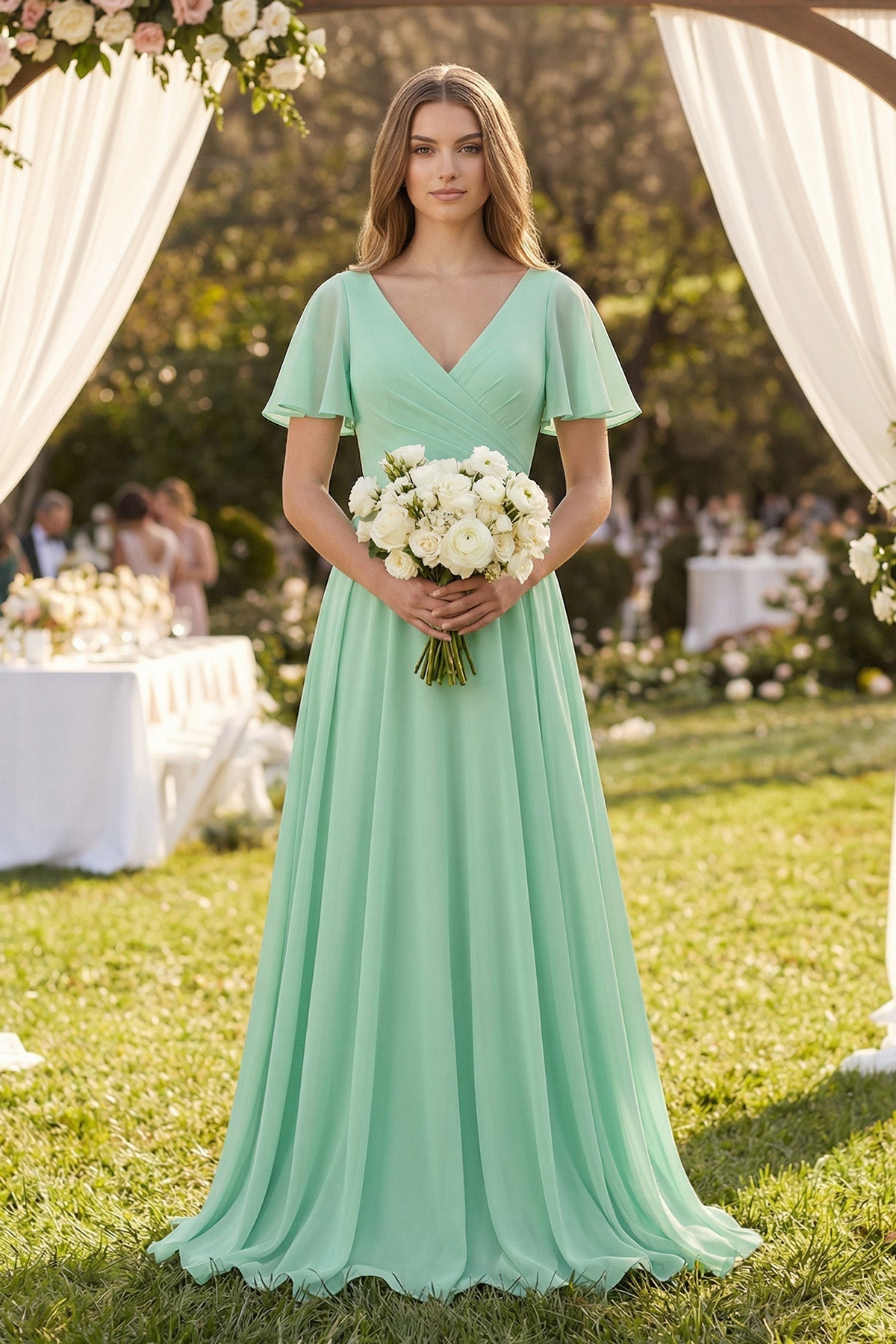 Flutter Sleeve V-Neck Chiffon A-Line Bridesmaid Dress in Pale Pistachio - Curvevia