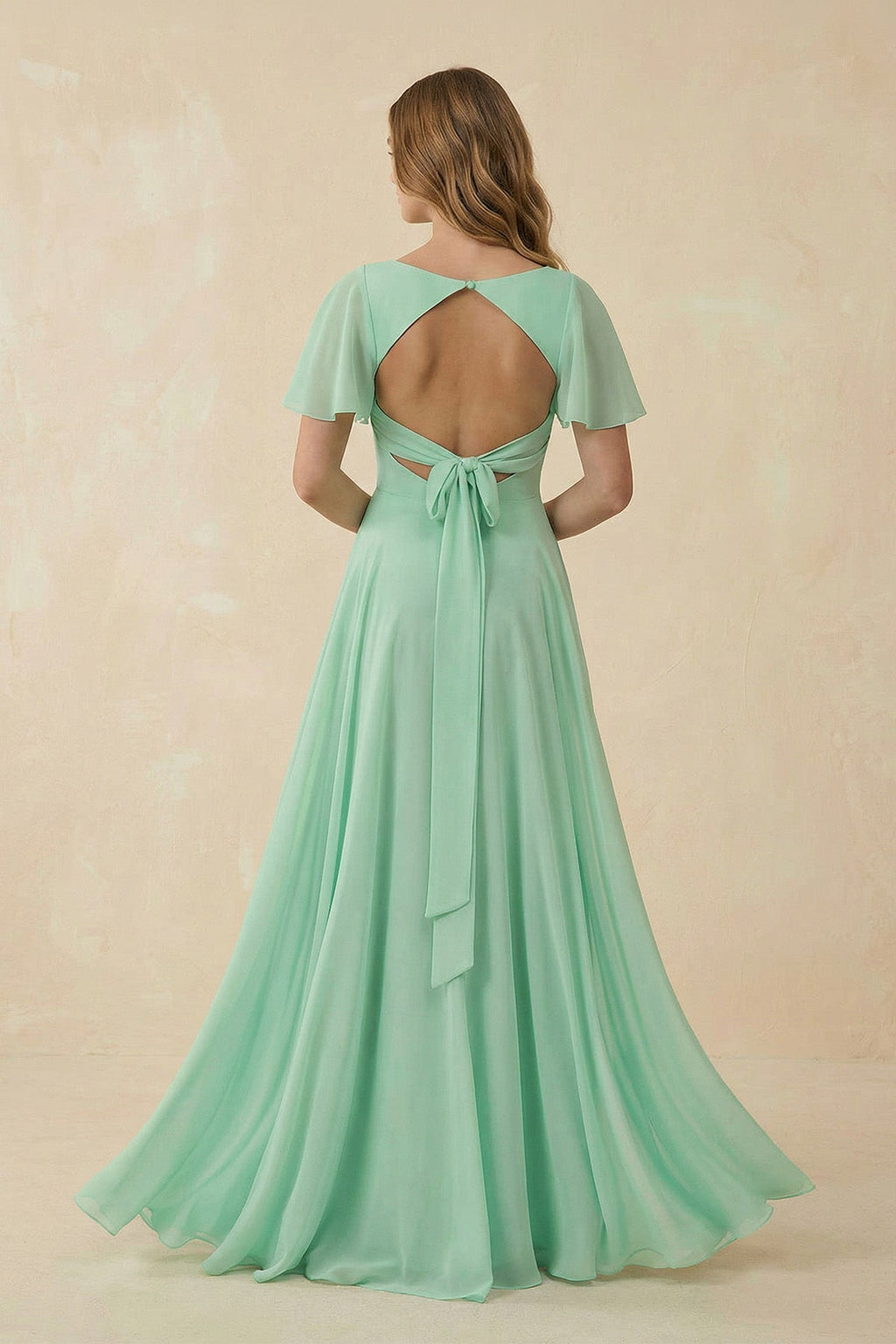 Flutter Sleeve V-Neck Chiffon A-Line Bridesmaid Dress in Pale Pistachio - Curvevia