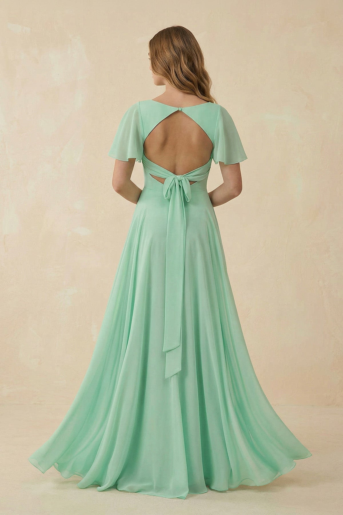 Flutter Sleeve V-Neck Chiffon A-Line Bridesmaid Dress in Pale Pistachio - Curvevia