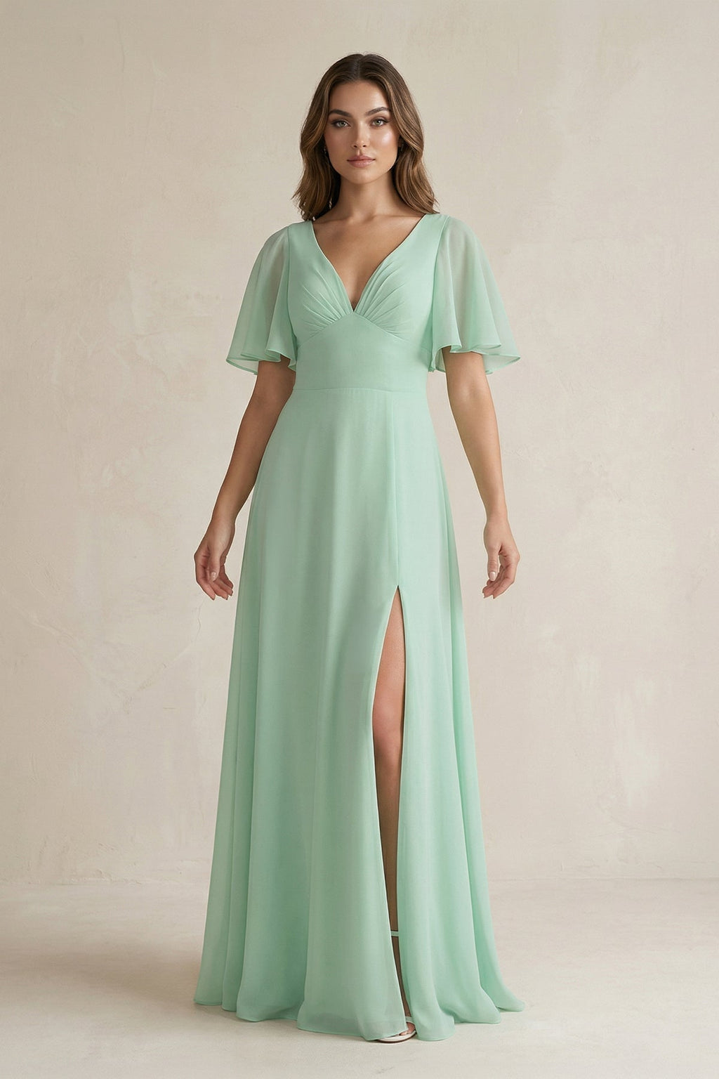 Flutter Sleeve V-Neck A-Line Chiffon Bridesmaid Dress in Pale Pistachio - Curvevia
