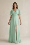 Flutter Sleeve V-Neck A-Line Chiffon Bridesmaid Dress in Pale Pistachio - Curvevia