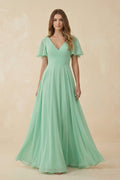 Flutter Sleeve V-Neck Chiffon A-Line Bridesmaid Dress in Pale Pistachio - Curvevia