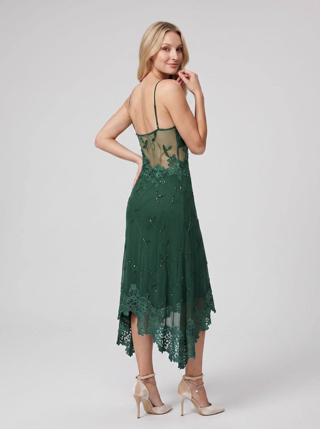 Forest Green Chiffon column V-Neck Backless Tea-Length with Beaded Lace - Curvevia