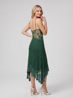 Forest Green Chiffon column V-Neck Backless Tea-Length with Beaded Lace - Curvevia
