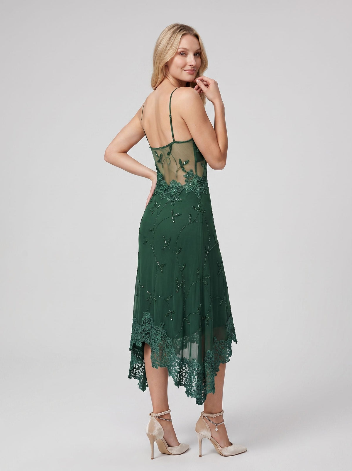 Forest Green Chiffon column V-Neck Backless Tea-Length with Beaded Lace - Curvevia