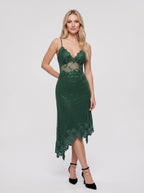 Forest Green Chiffon column V-Neck Backless Tea-Length with Beaded Lace - Curvevia