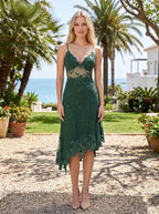 Forest Green Chiffon column V-Neck Backless Tea-Length with Beaded Lace - Curvevia