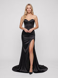 Black Satin Mermaid Sweetheart Back Zip Floor-Length Dress with Side Slit - Curvevia