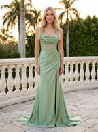 Mint Green Satin Mermaid Sweetheart Criss-Cross Straps Floor-Length Dress with Beading - Curvevia