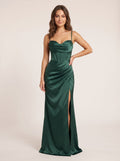 Forest Green Satin Mermaid Straight Neck Back Zip Floor-Length Dress with Side Slit - Curvevia