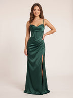 Forest Green Satin Mermaid Straight Neck Back Zip Floor-Length Dress with Side Slit - Curvevia