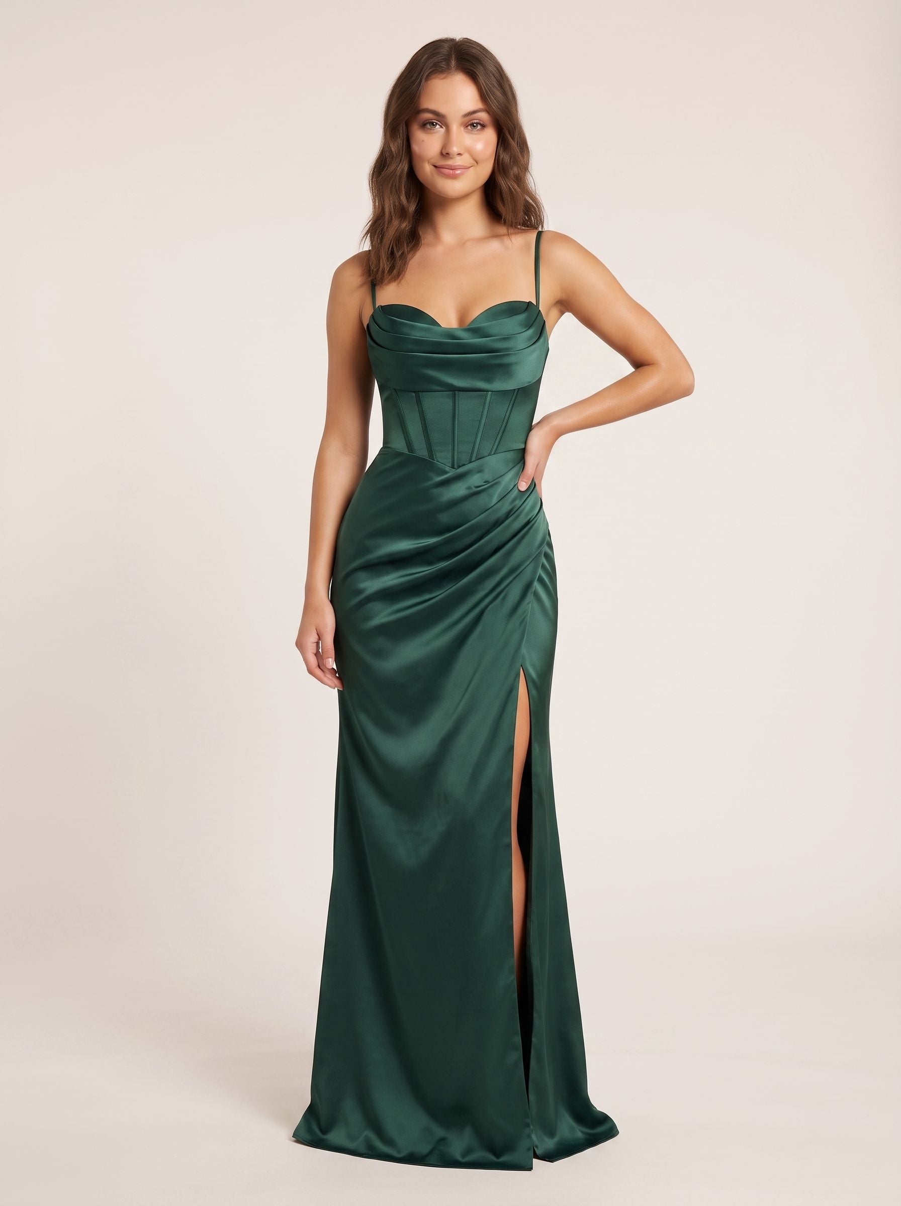 Forest Green Satin Mermaid Straight Neck Back Zip Floor-Length Dress with Side Slit - Curvevia