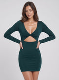 Forest Green Stretch Knit Sheath/column V-Neck Side Zip Short Dress with a Twist Cutout - Curvevia