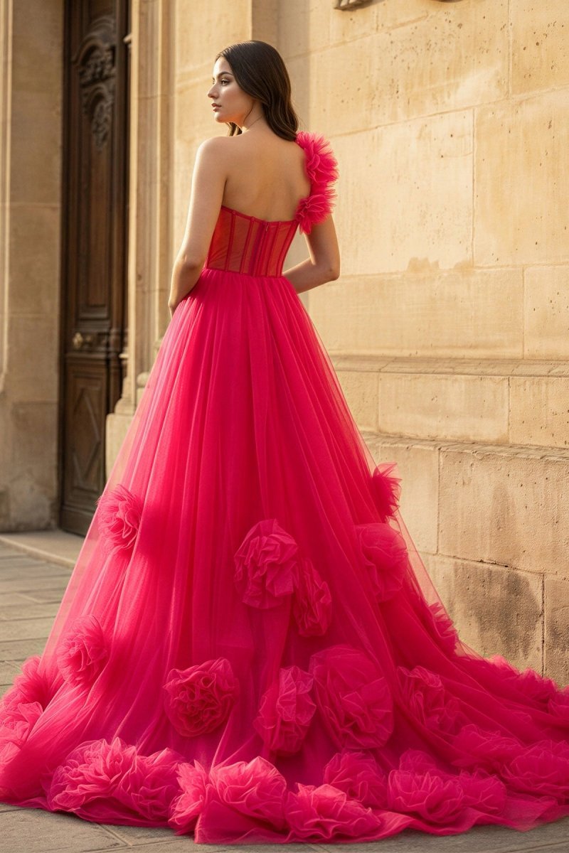 Hot Pink Ball Gown One-Shoulder Tulle Prom Dresses - Curvevia