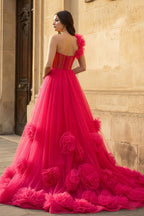 Hot Pink Ball Gown One-Shoulder Tulle Prom Dresses - Curvevia