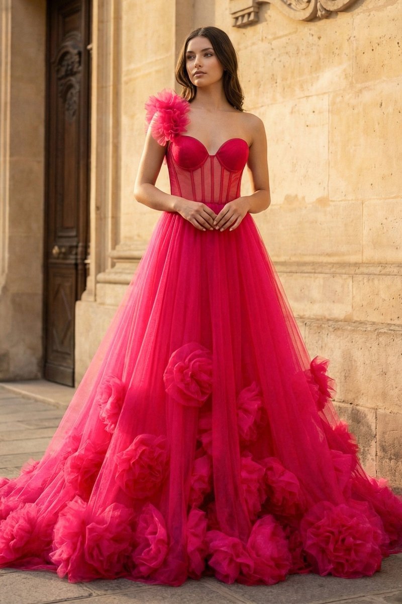 Hot Pink Ball Gown One-Shoulder Tulle Prom Dresses - Curvevia