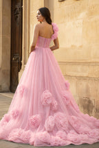 Hot Pink Ball Gown One-Shoulder Tulle Prom Dresses - Curvevia