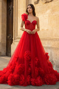 Hot Pink Ball Gown One-Shoulder Tulle Prom Dresses - Curvevia