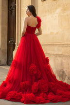 Hot Pink Ball Gown One-Shoulder Tulle Prom Dresses - Curvevia