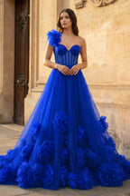 Hot Pink Ball Gown One-Shoulder Tulle Prom Dresses - Curvevia