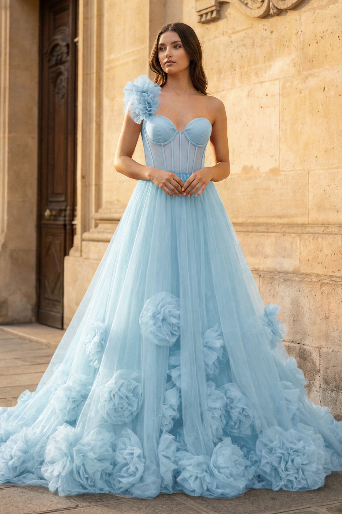 Hot Pink Ball Gown One-Shoulder Tulle Prom Dresses - Curvevia