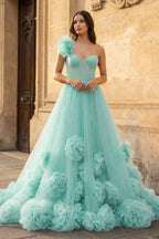 Hot Pink Ball Gown One-Shoulder Tulle Prom Dresses - Curvevia