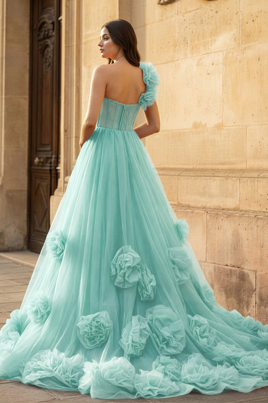 Hot Pink Ball Gown One-Shoulder Tulle Prom Dresses - Curvevia