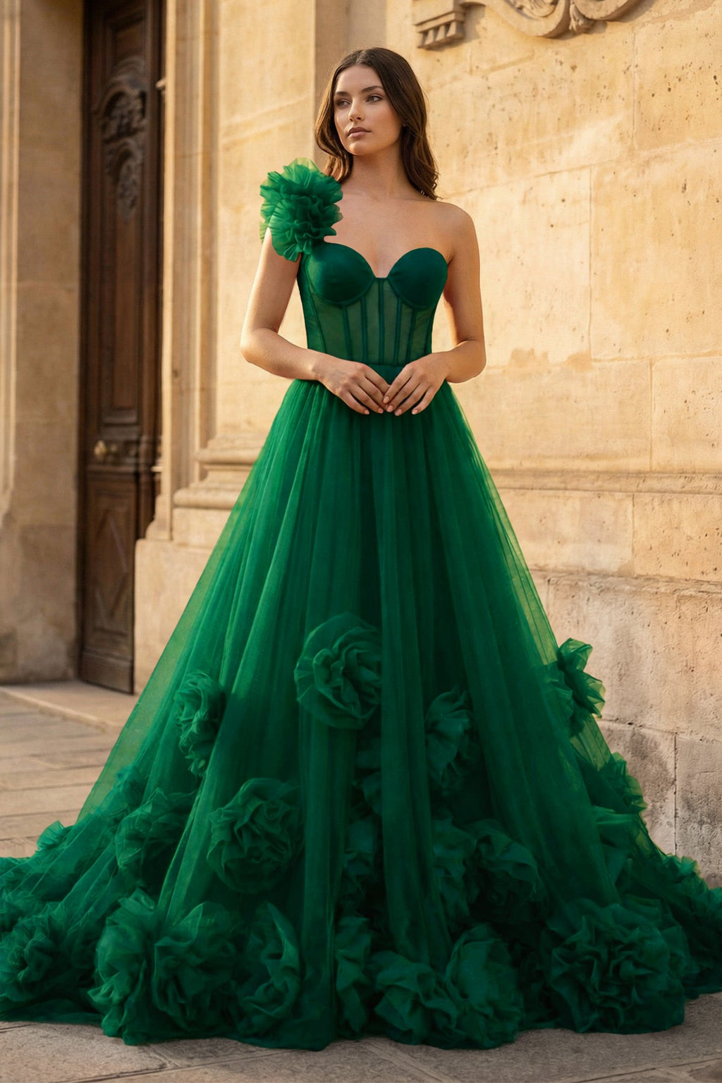 Hot Pink Ball Gown One-Shoulder Tulle Prom Dresses - Curvevia