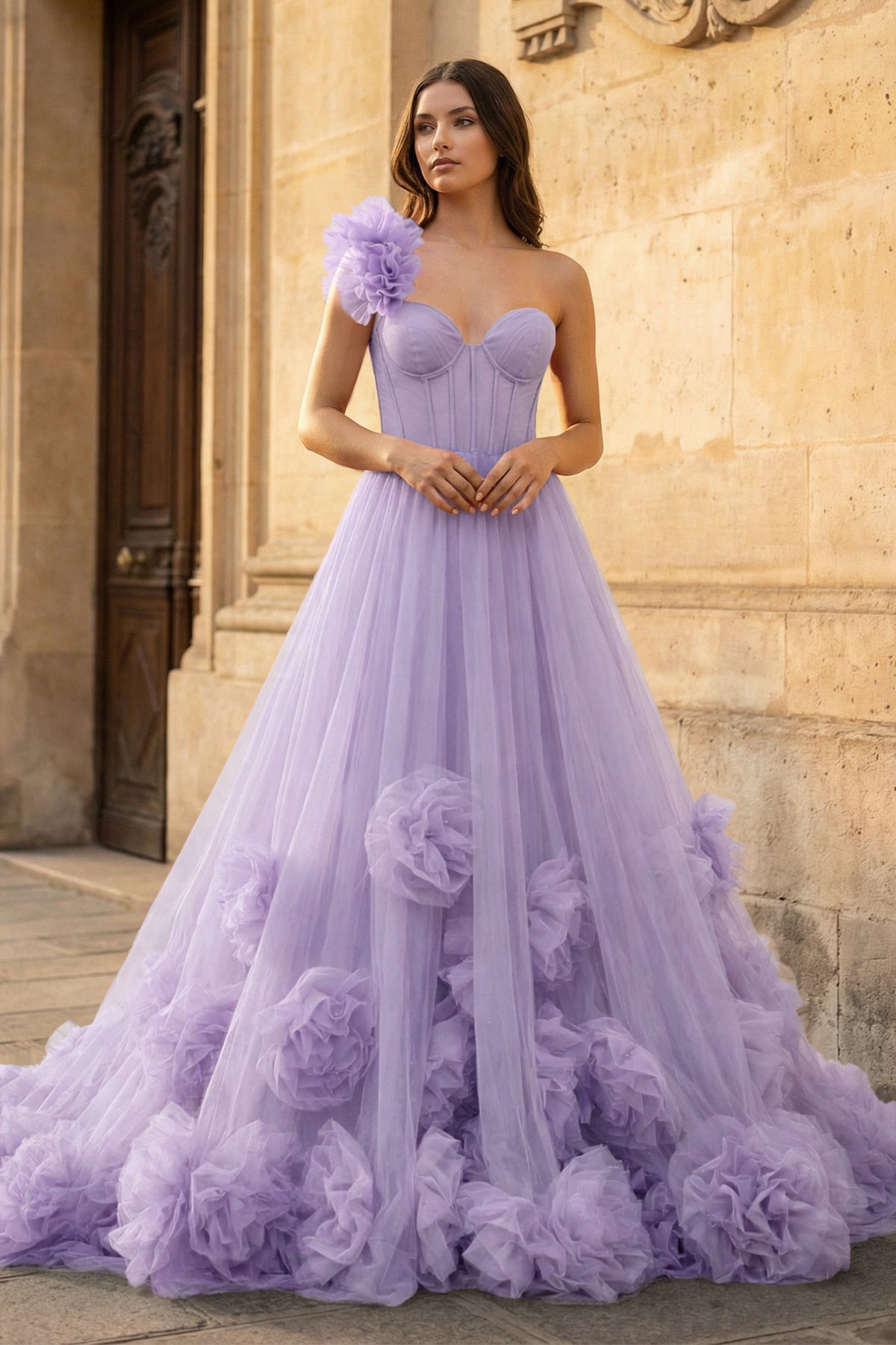 Hot Pink Ball Gown One-Shoulder Tulle Prom Dresses - Curvevia
