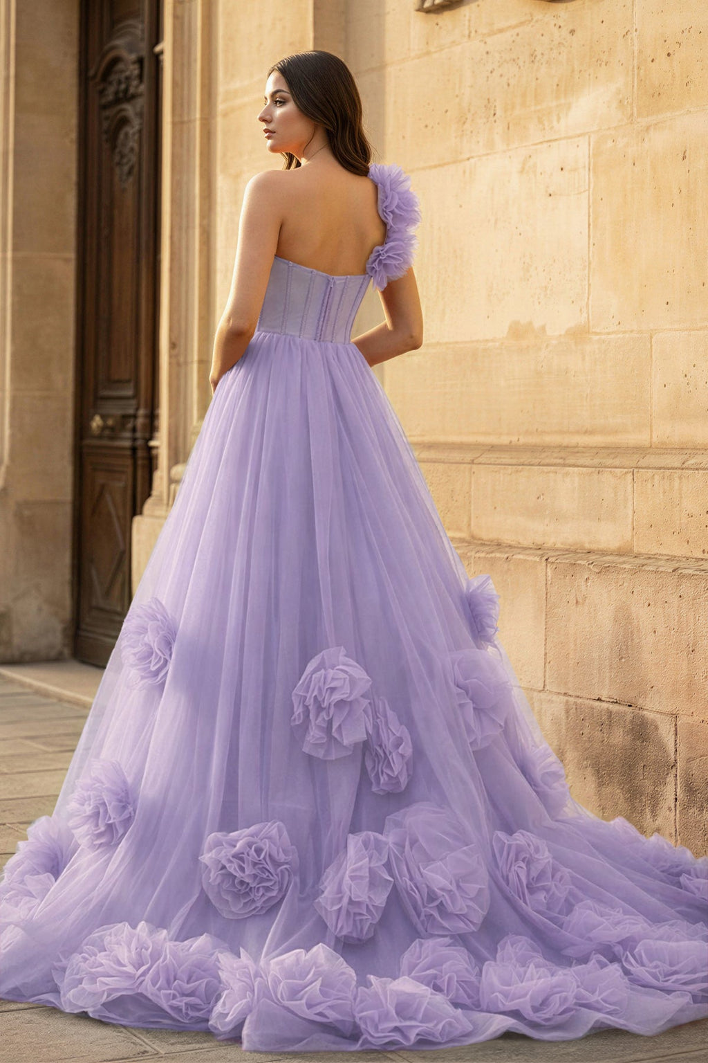Hot Pink Ball Gown One-Shoulder Tulle Prom Dresses - Curvevia