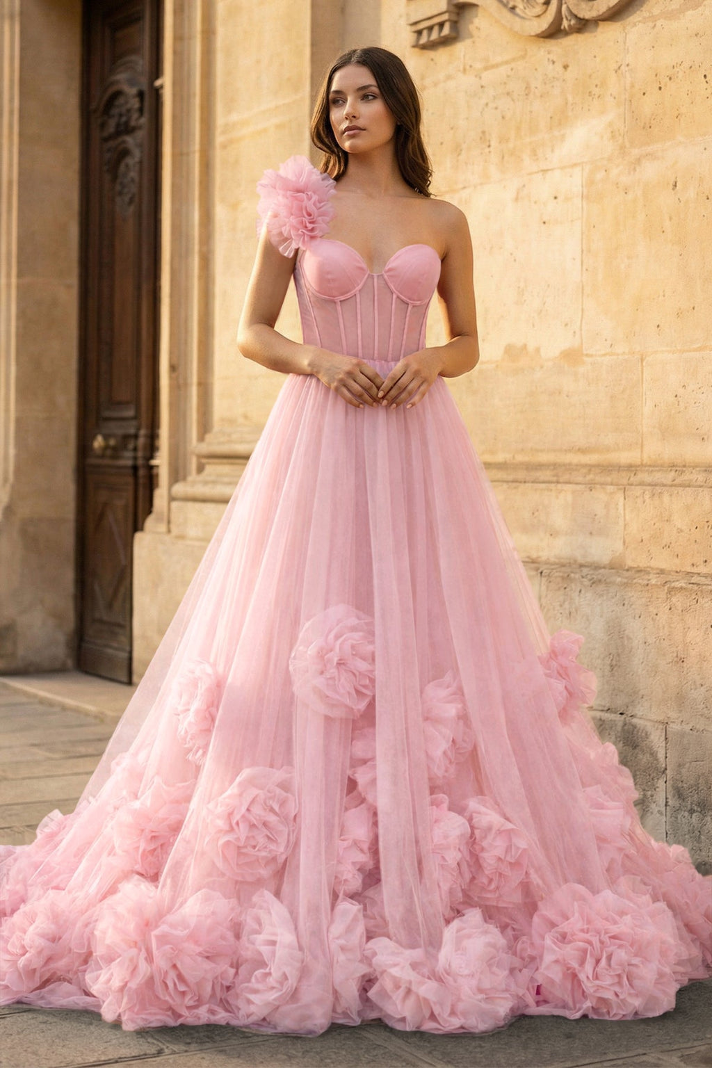 Hot Pink Ball Gown One-Shoulder Tulle Prom Dresses - Curvevia