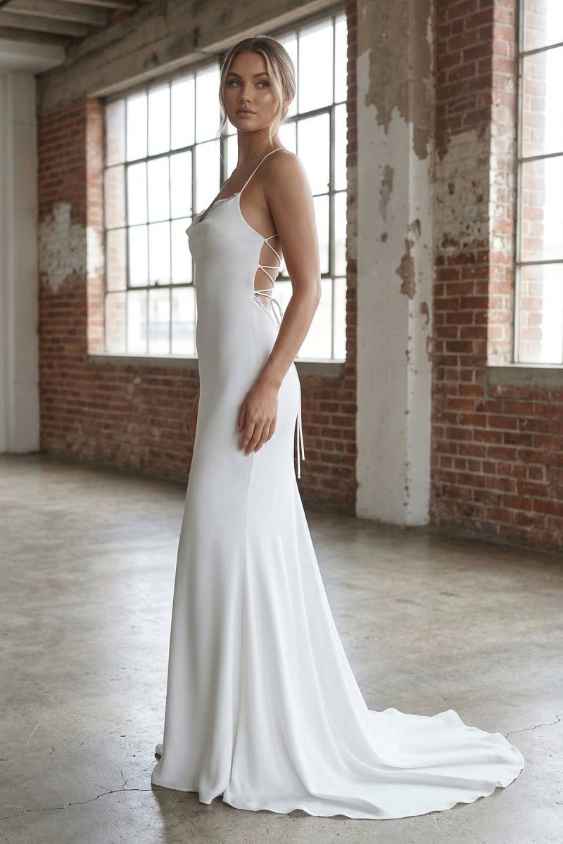 Mermaid Satin White Spaghetti-Straps Wedding Dresses With Lace-Up Back - Curvevia