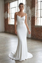 Mermaid Satin White Spaghetti-Straps Wedding Dresses With Lace-Up Back - Curvevia