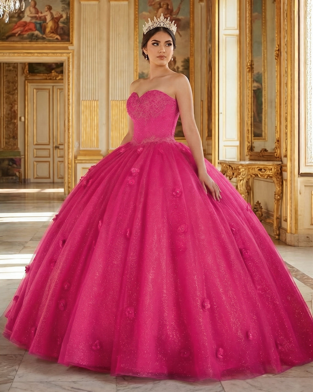 Red 3D Flowers Glitter Sequins Sleeveless Quinceanera Dresses - Curvevia