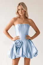 Fuchsia A-Line Bubble Hem Satin Strapless Corset Homecoming Dress - Curvevia