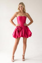 Fuchsia A-Line Bubble Hem Satin Strapless Corset Homecoming Dress - Curvevia