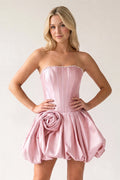 Fuchsia A-Line Bubble Hem Satin Strapless Corset Homecoming Dress - Curvevia
