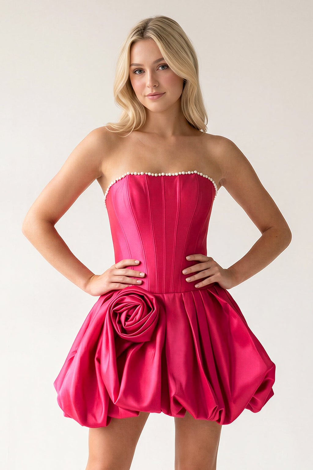 Fuchsia A-Line Bubble Hem Satin Strapless Corset Homecoming Dress - Curvevia