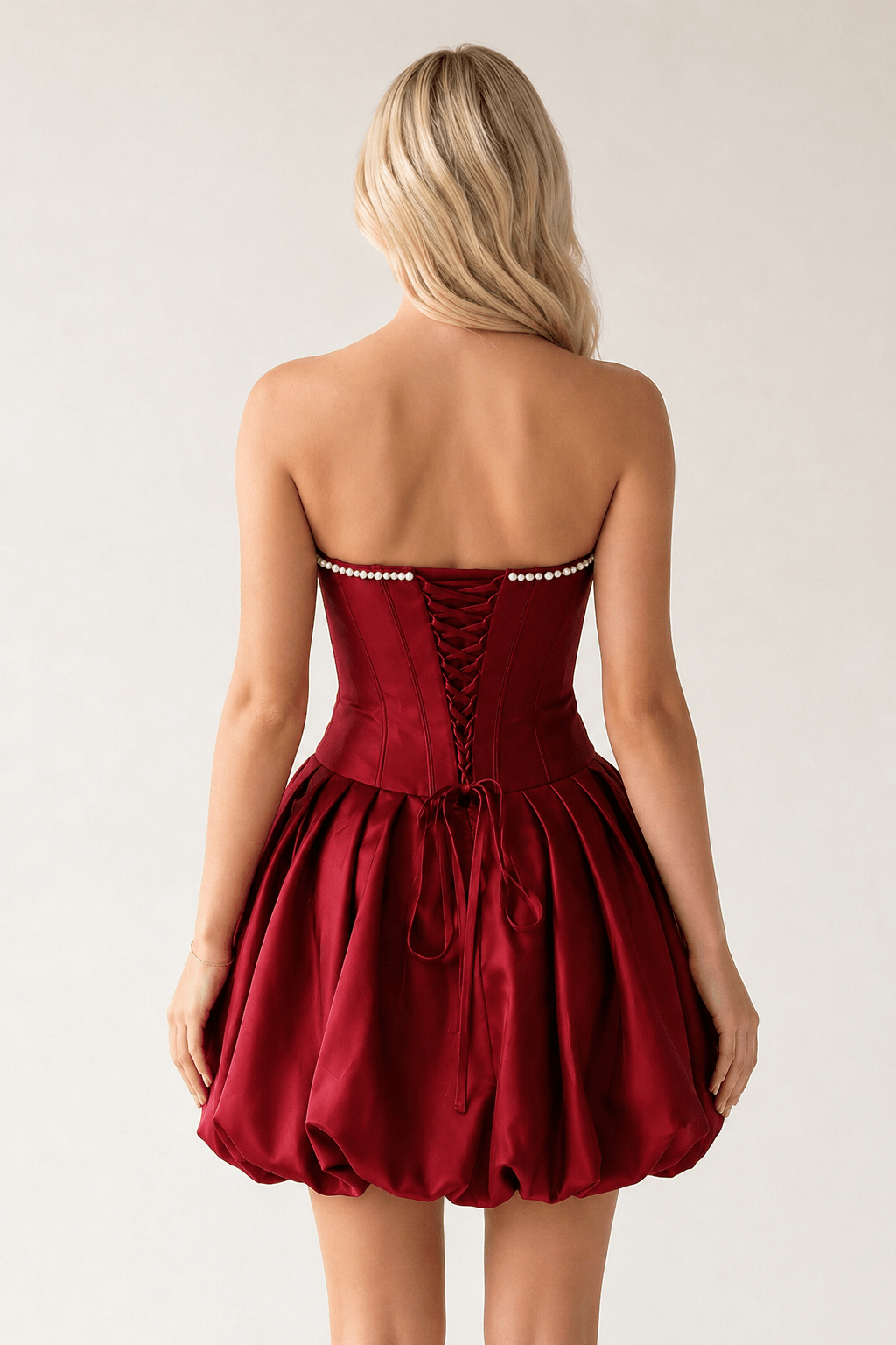 Fuchsia A-Line Bubble Hem Satin Strapless Corset Homecoming Dress - Curvevia