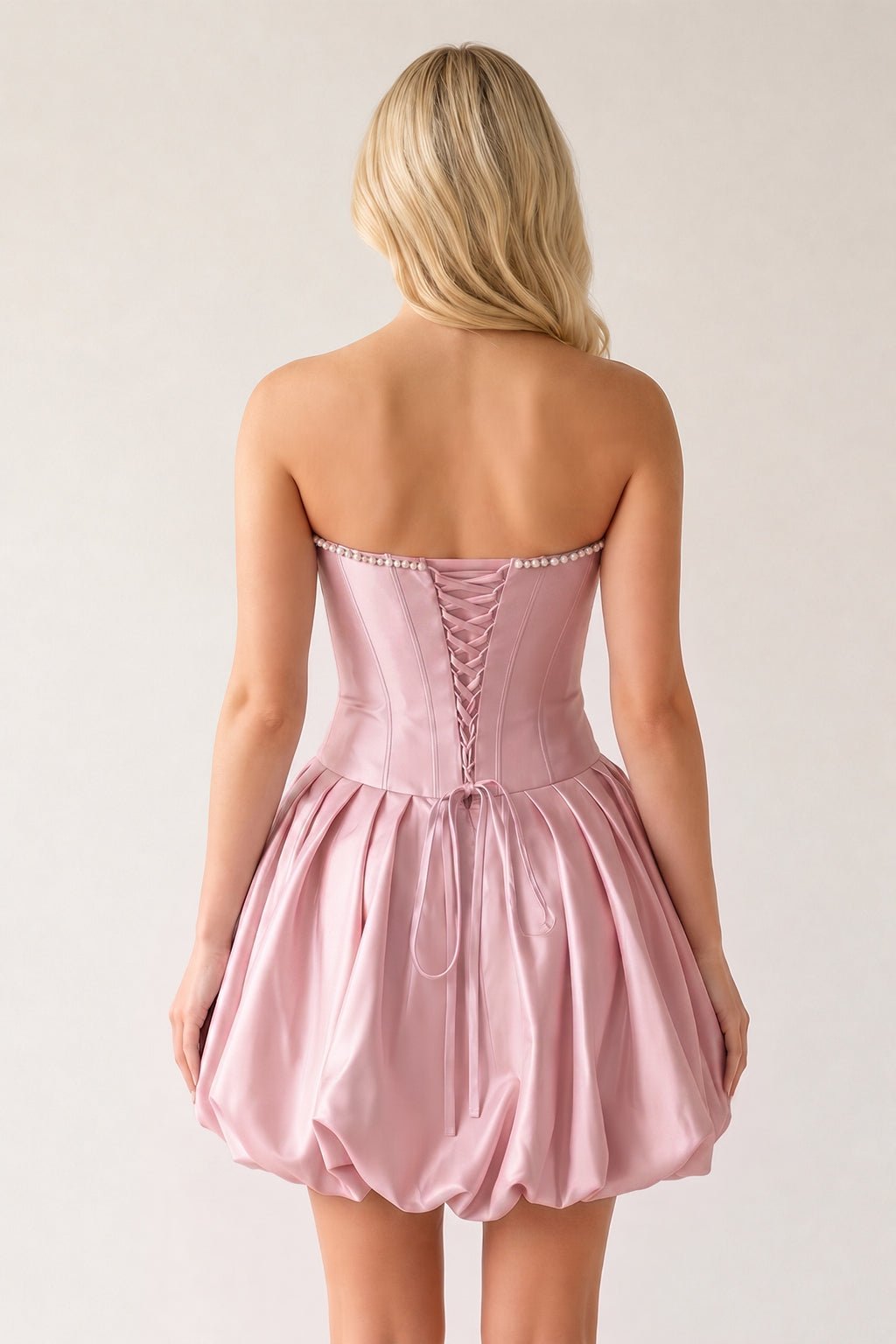 Fuchsia A-Line Bubble Hem Satin Strapless Corset Homecoming Dress - Curvevia